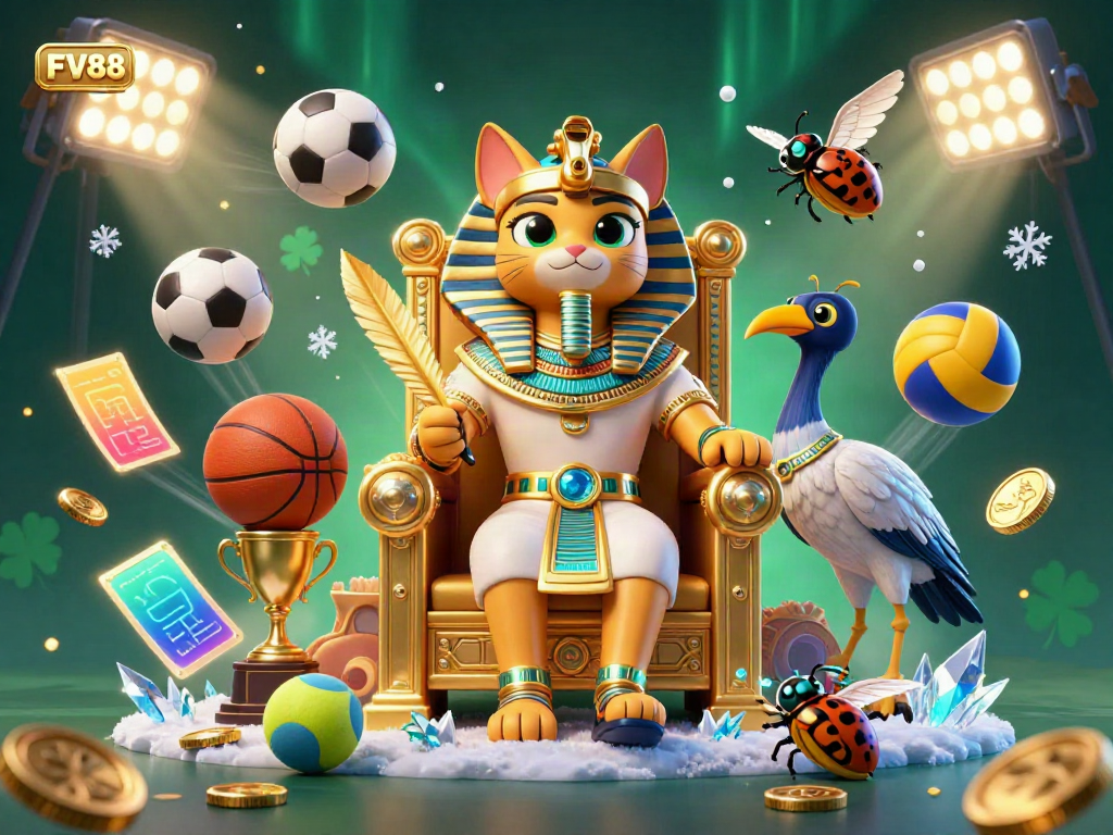 Experience the exciting vibe of FV88 with a dynamic 3D illustration featuring a pharaoh cat and sports elements.