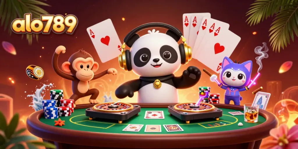 Alo789 offers vibrant casino experiences with DJ panda, breakdancing monkey, and kitten in a dynamic scene.