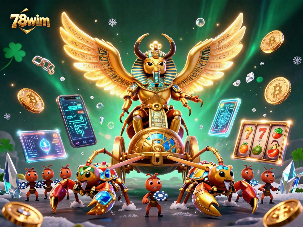 Engage with 78wim's thrilling atmosphere featuring gaming icons and crypto elements.