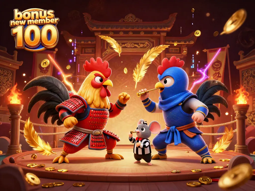 Dynamic scene of twin fighting roosters in samurai and ninja gear, depicting bonus new member 100 gaming excitement