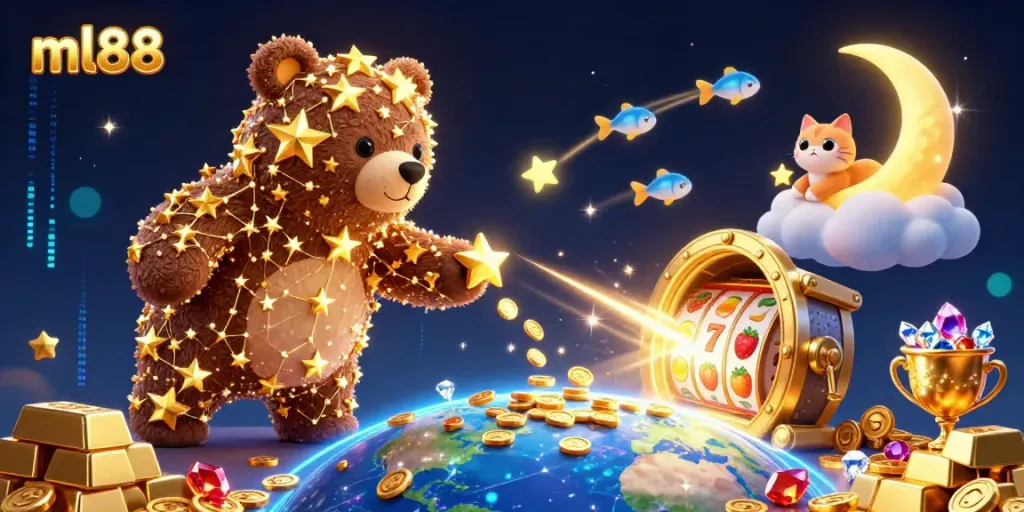 Spin the reels and win big with ml88 in this vibrant 3D casino illustration packed with action.