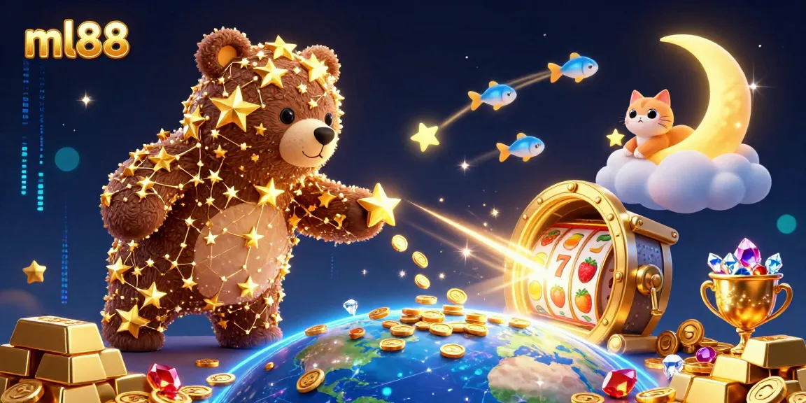 Spin the reels and win big with ml88 in this vibrant 3D casino illustration packed with action.