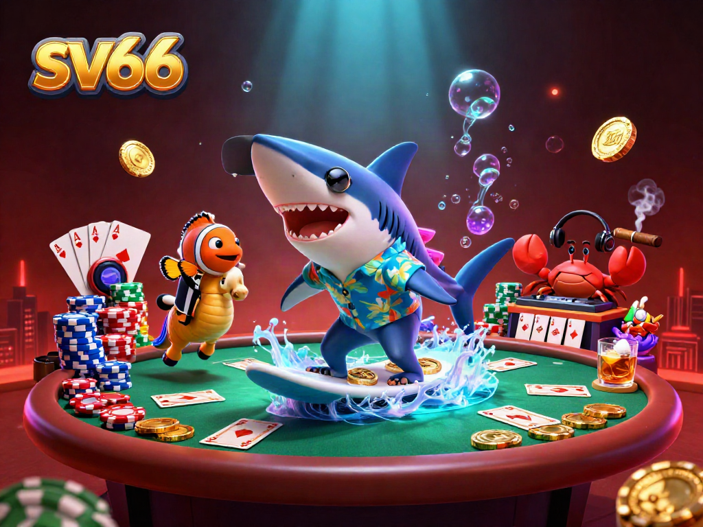 sv66 - Dynamic casino scene with a shark, clownfish and crab amidst poker elements and gold coins.