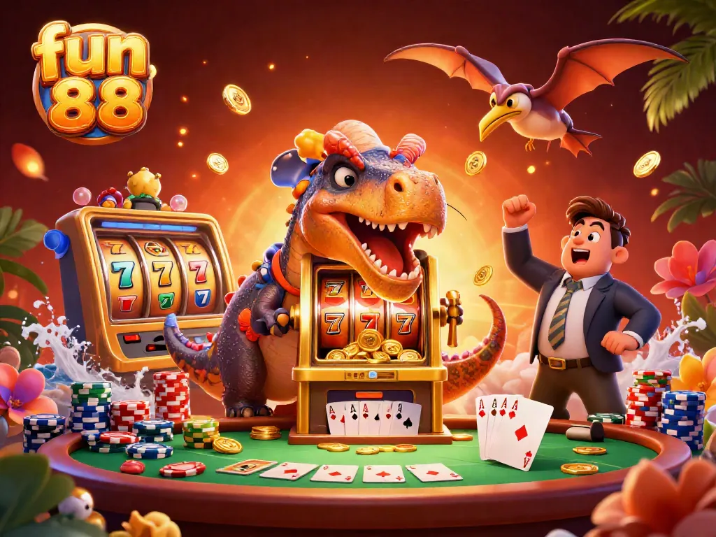 Experience fun 88 as a pachycephalosaurus wins a jackpot, coins flying in a vibrant casino scene