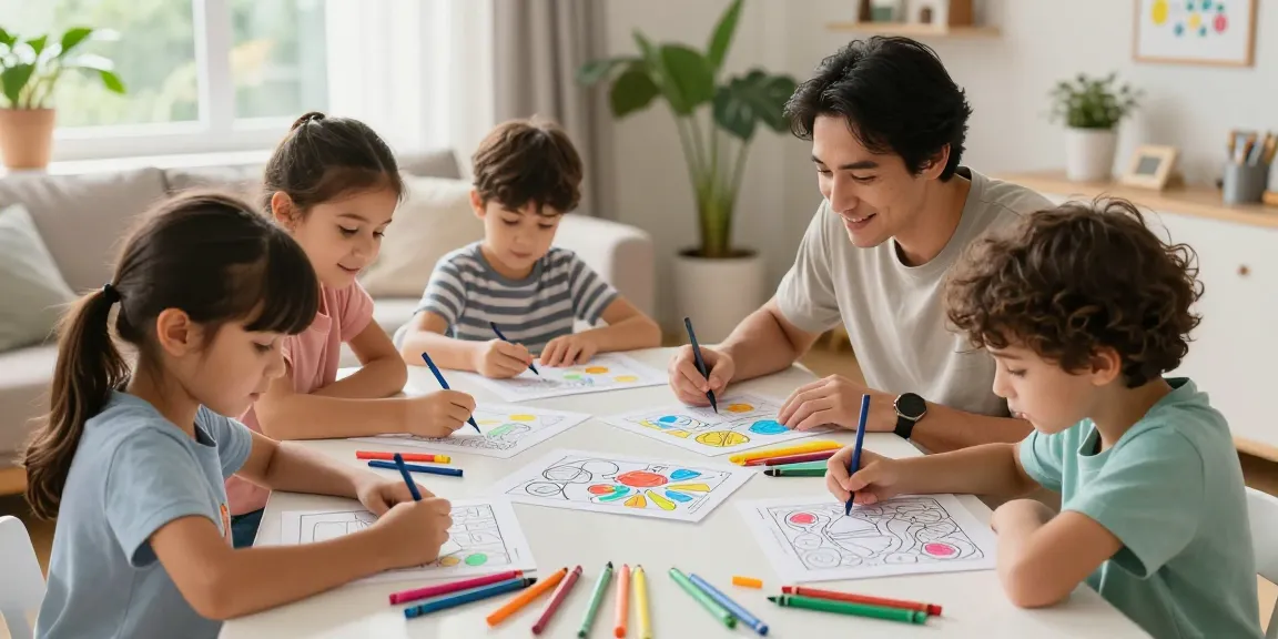 Engaging family coloring together with freecoloringsheets.net in a cozy living room.