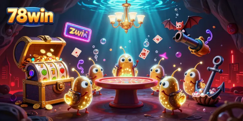 Experience the thrill of 78win with glowing glowworms and rich casino elements in this vibrant scene.