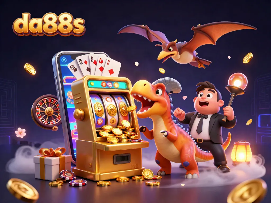 Watch da88s unleash jackpots as animated dinosaurs collide with a slot machine, catching flying coins.