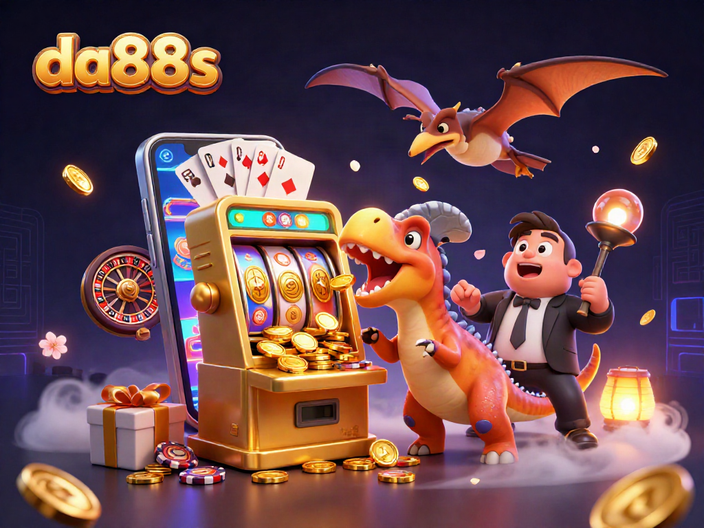 Watch da88s unleash jackpots as animated dinosaurs collide with a slot machine, catching flying coins.
