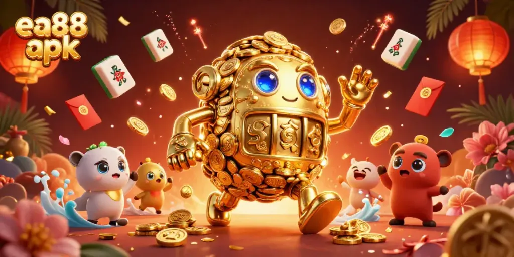 Experience thrilling gameplay with ea88 apk featuring vibrant casino elements and golden golem avatars.