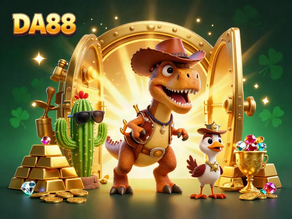 Join DA88 for thrilling adventures in a dynamic casino-themed scene featuring a T-Rex, cactus, and roadrunner!