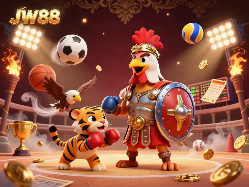 Engage in thrilling games at JW88, showcasing a vibrant arena filled with sports excitement and dynamic betting elements.