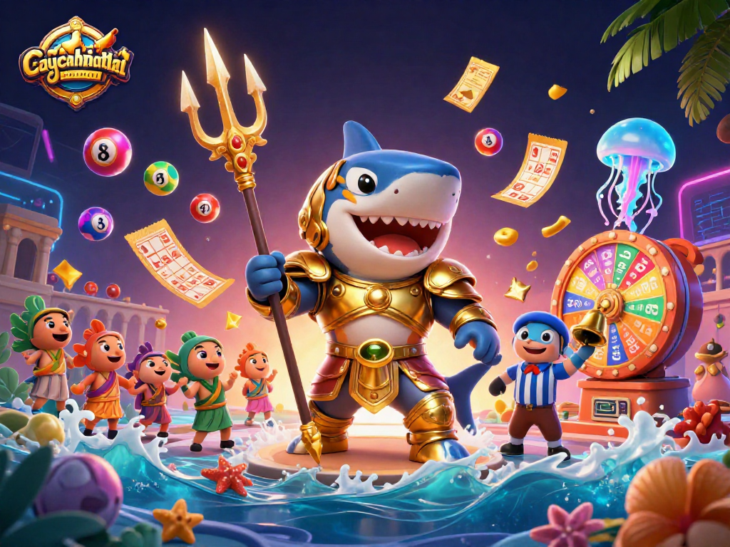 Join the fun at caycanhphattai with dynamic 3D scenes featuring a tiger shark and lottery elements.