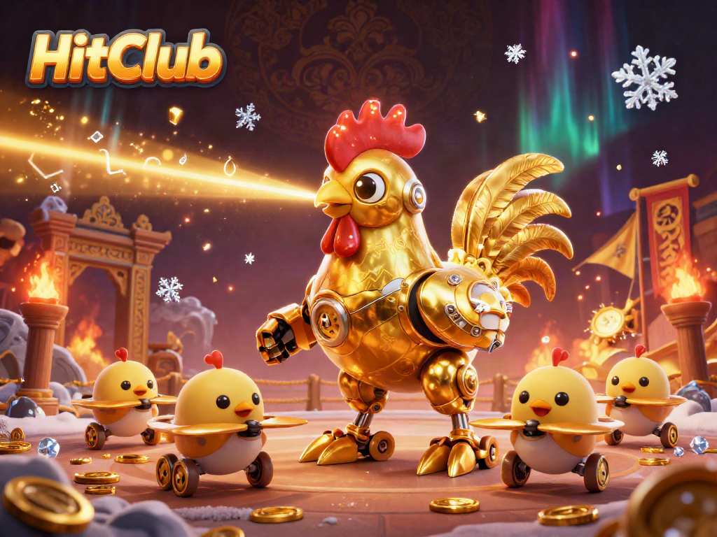 HitClub showcases a vibrant, dynamic 3D casino scene featuring a golden rooster robot and baby chick drones.
