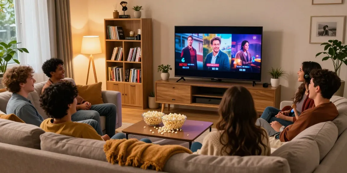 Friends enjoying Streaming Netflix Gratis in a cozy living room with popcorn and laughter.