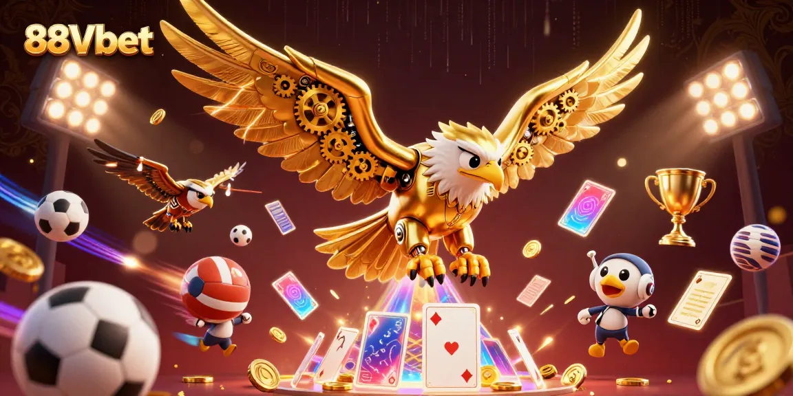 Experience thrilling dynamics with 88Vbet through a futuristic 3D eagle amid holographic cards.