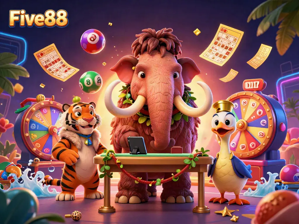 Engage with Five88's vibrant casino entry featuring a woolly mammoth bouncer and dynamic gaming elements.
