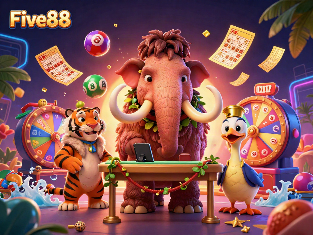 Engage with Five88's vibrant casino entry featuring a woolly mammoth bouncer and dynamic gaming elements.