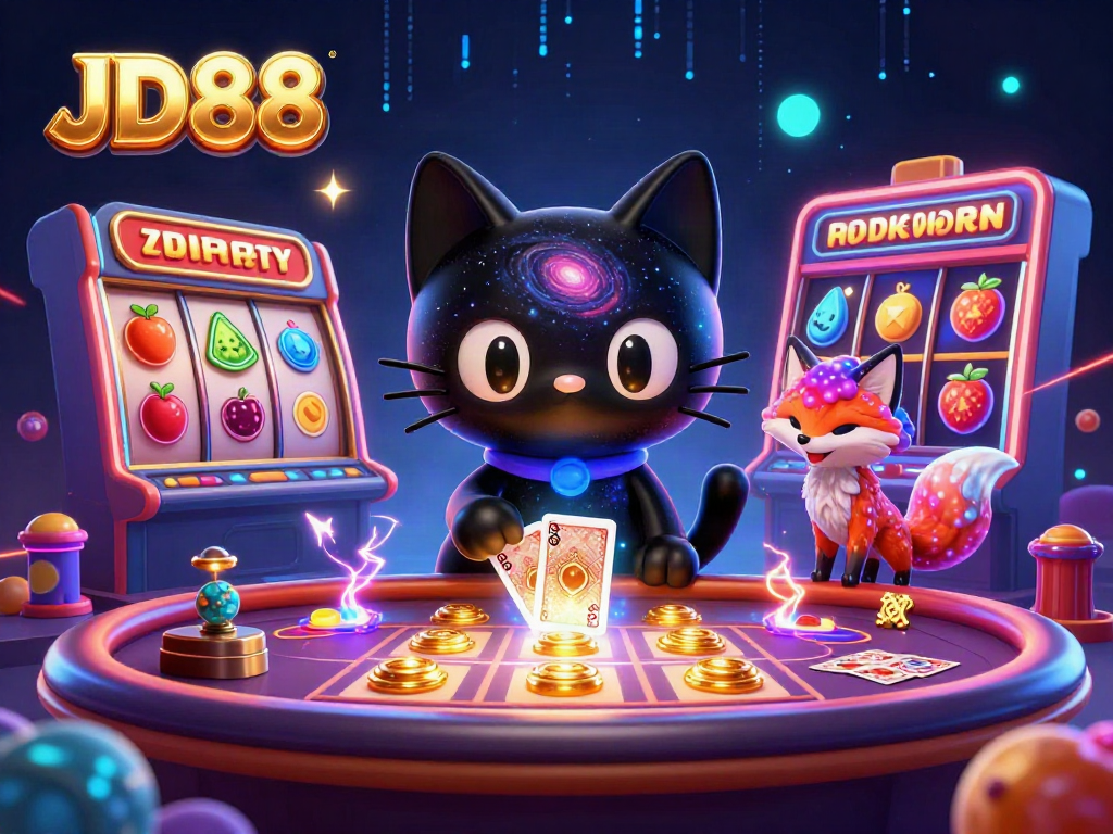 Engage with JD88's cosmic casino experience featuring unique characters and vibrant slot machine elements.