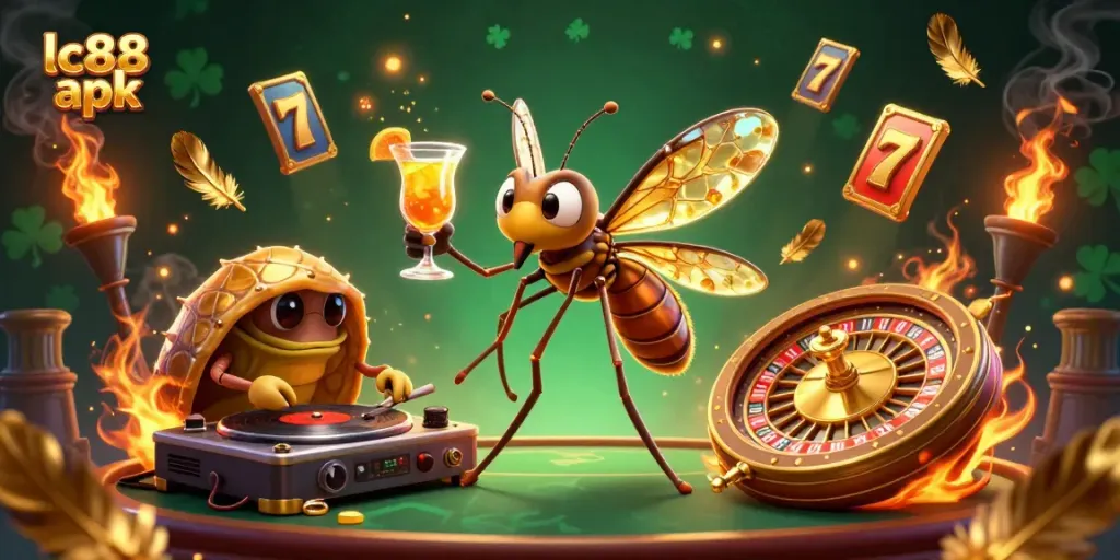 Engage with exciting gameplay in lc88 apk featuring animated casino mascots and slot elements.