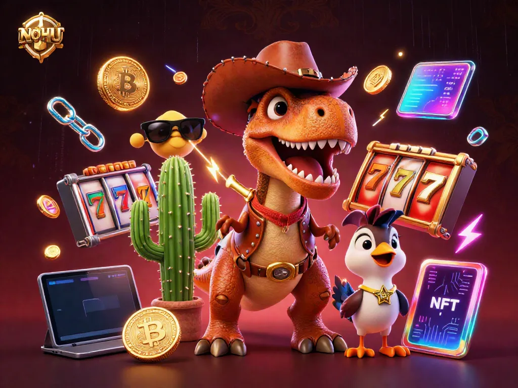 Experience thrilling jackpots at NOHU with cartoon dinosaur characters amidst vibrant slot game elements.