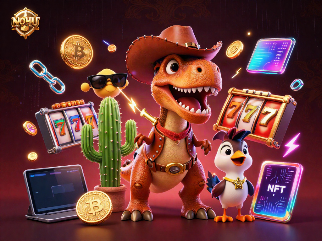 Experience thrilling jackpots at NOHU with cartoon dinosaur characters amidst vibrant slot game elements.