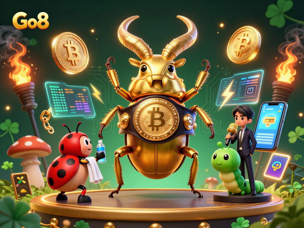 Engage with Go8's vibrant gaming atmosphere as a golden stag beetle champions in a thrilling 3D casino scene.