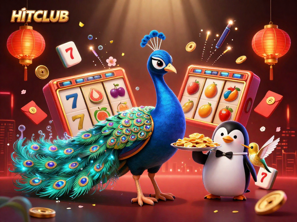 Experience the excitement of HITCLUB online casino games featuring vibrant slot reels and dynamic characters.