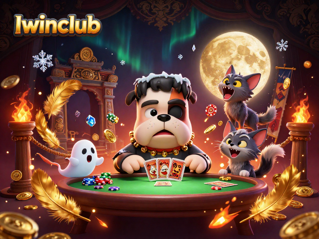 Iwinclub showcases a vibrant 3D casino scene with monsters, cards, and gold coins