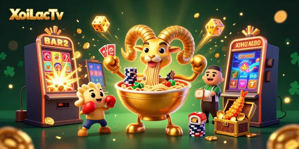 XoiLacTv showcases a lively casino scene with unique characters, vibrant slot features, and dynamic action.