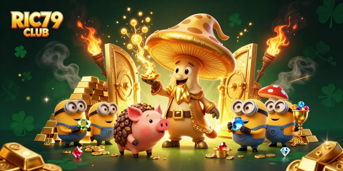 Engage with the RIC79 CLUB as the golden mushroom wizard conjures treasure in this vibrant casino scene.