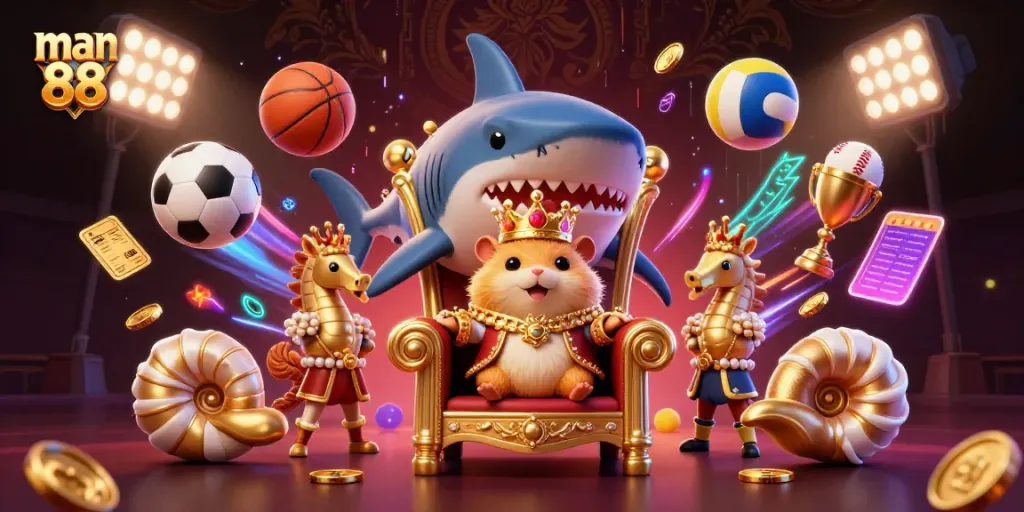 Experience the thrill of man 88 with this vibrant 3D casino scene featuring a golden hamster king.