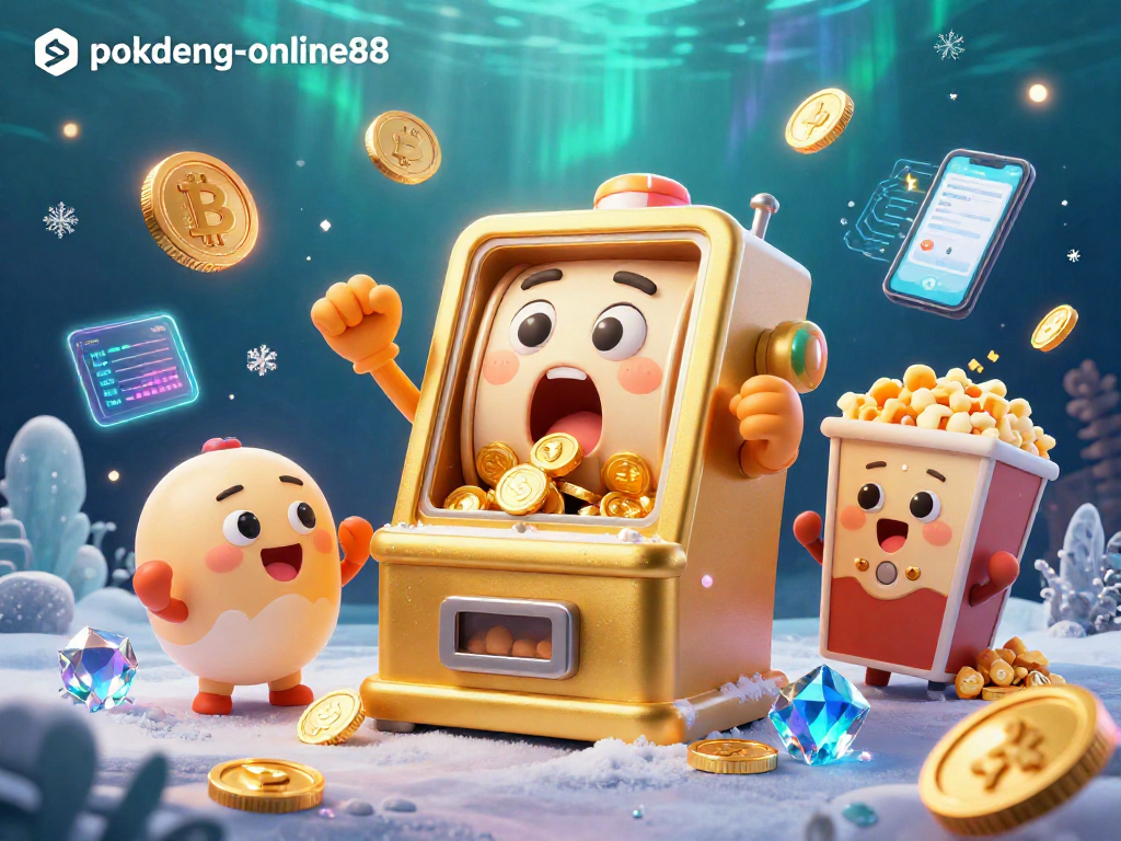 Engage with pokdeng-online88's vibrant gaming scene featuring a golden slot machine celebrating its jackpot.