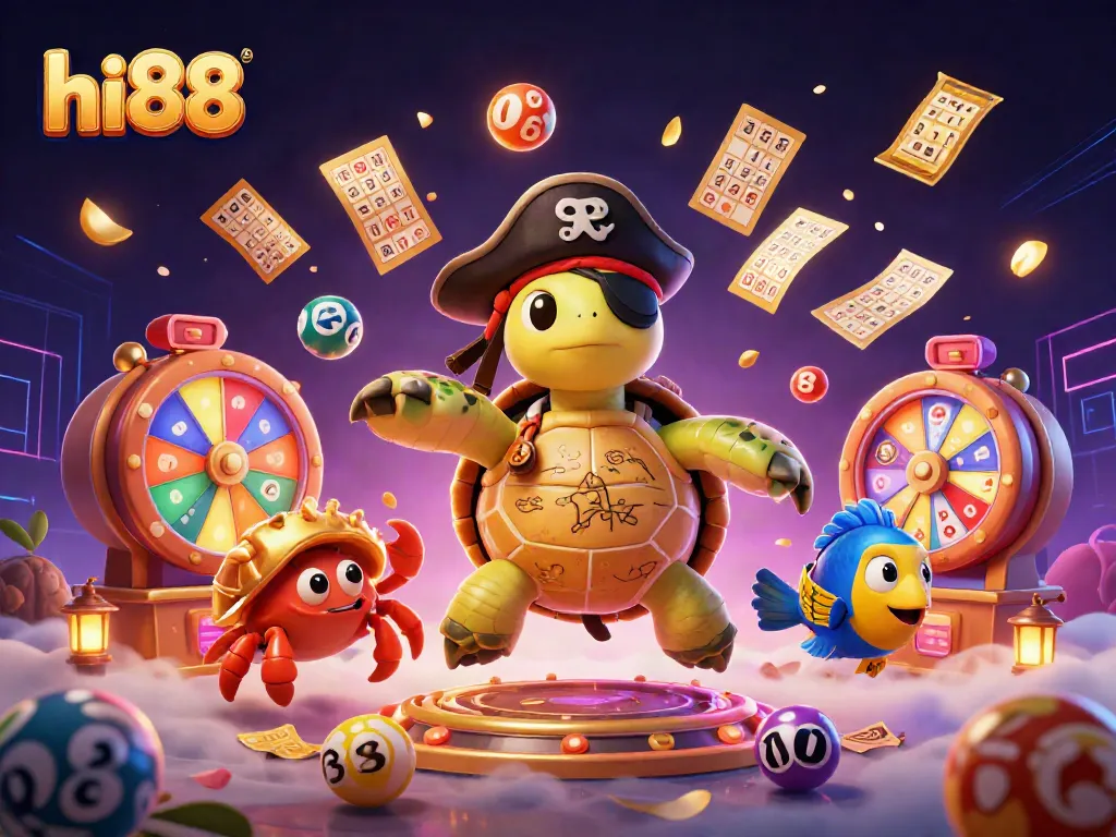 hi88 unleashes excitement with a 3D pirate turtle and vibrant lottery elements in a casino setting