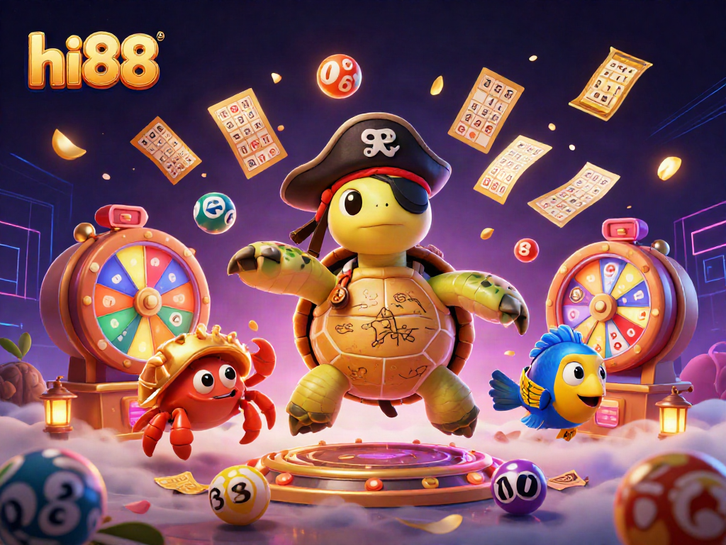 hi88 unleashes excitement with a 3D pirate turtle and vibrant lottery elements in a casino setting