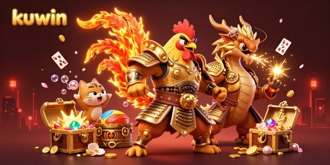 Kuwin's dynamic gaming scene features a samurai rooster and dragon in a vibrant 3D casino illustration.