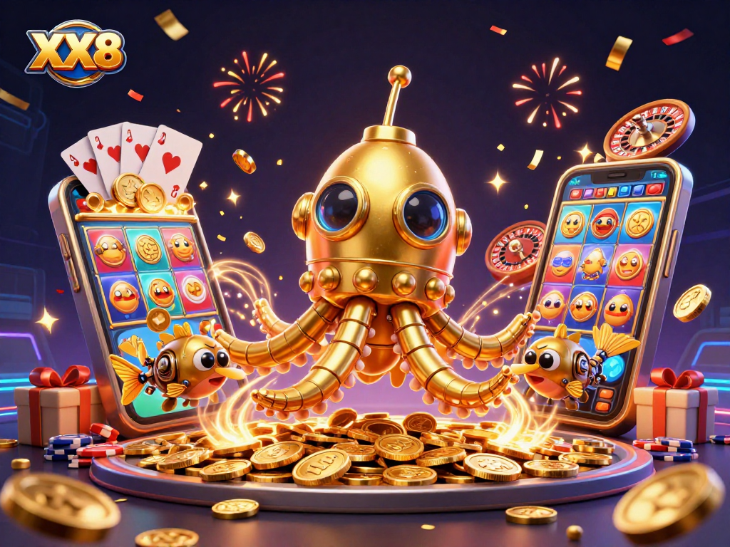 Spin the reels with XX8 in a vibrant, 3D underwater casino scene of gold coins and games.