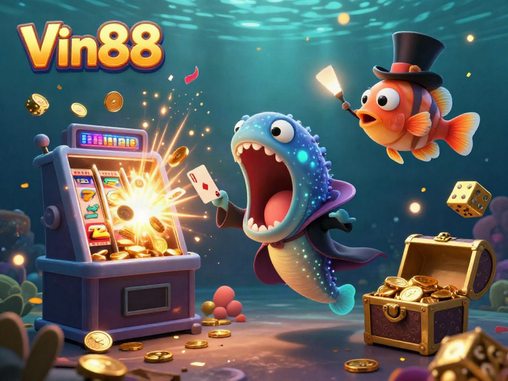 Experience Vin88's thrilling underwater casino magic with a glowing jackpot and vibrant sea creatures.