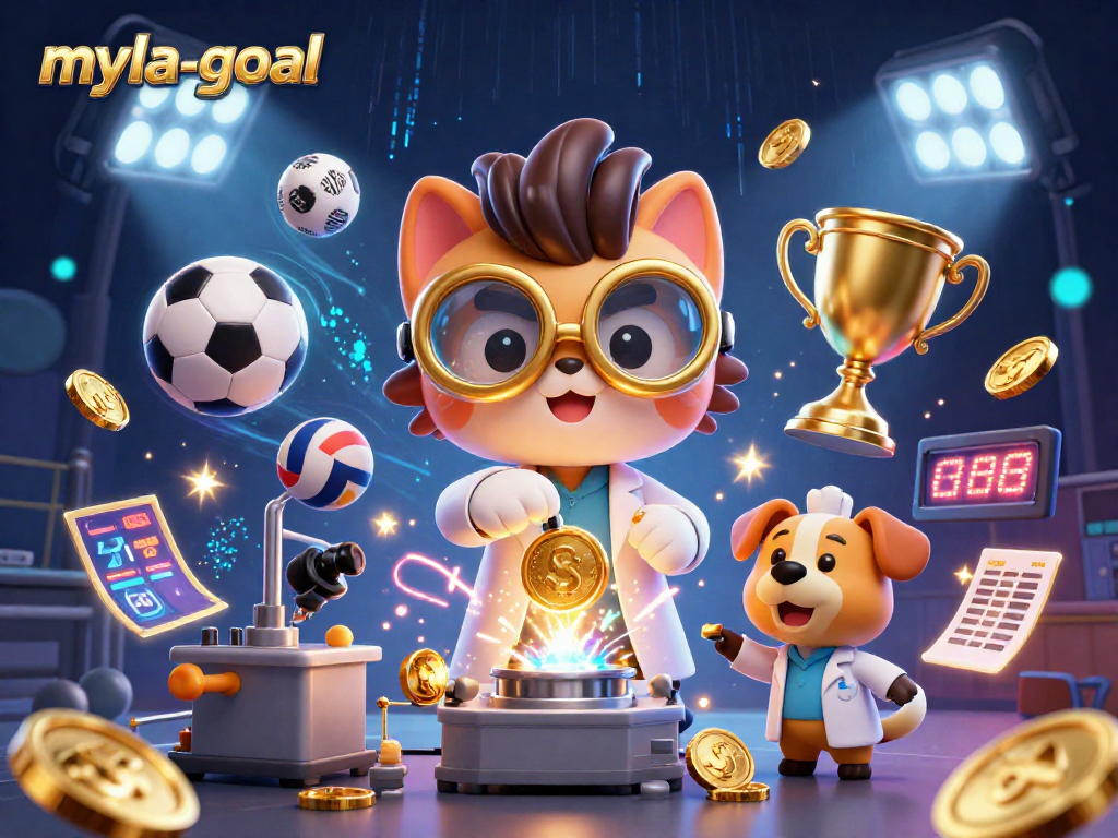 Engage with myla-goal as mad scientist cat and loyal dog create a gold-coin machine amid sports excitement.