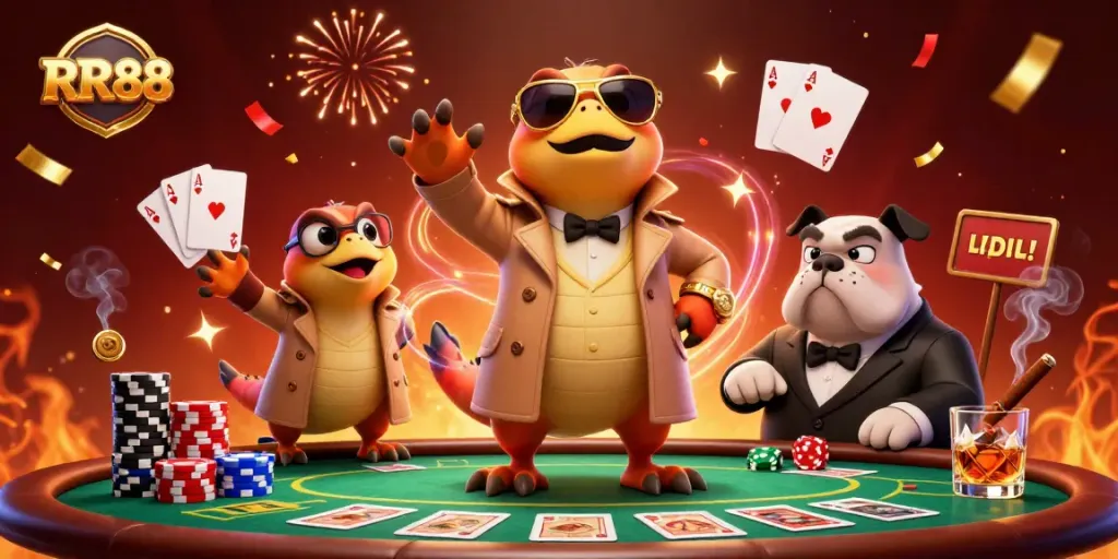 Witness RR88's playful raptors disguised in a trench coat entering a VIP casino, showcasing poker elements.