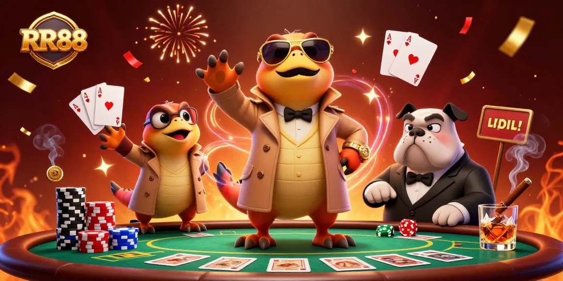 Witness RR88's playful raptors disguised in a trench coat entering a VIP casino, showcasing poker elements.