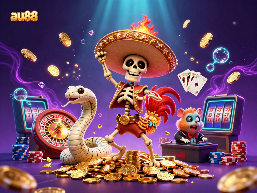 Celebrate big wins at au88 with a vibrant casino scene featuring animated characters and dynamic gaming elements.