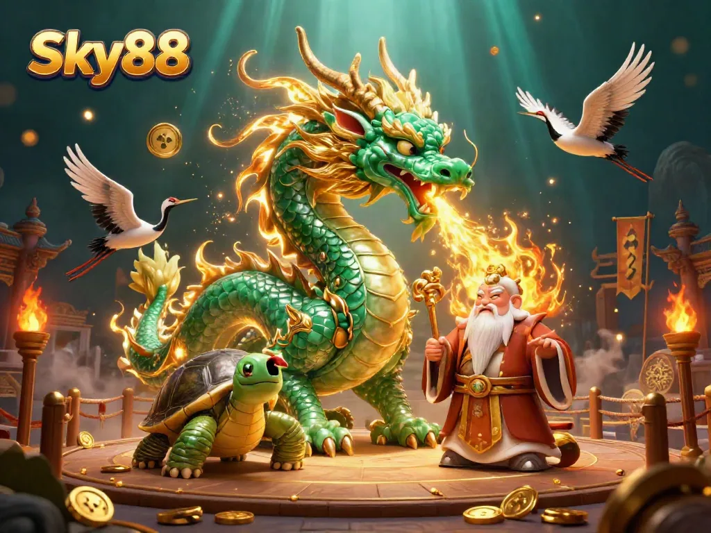 Experience excitement with Sky88 as you engage in thrilling casino adventures with jade dragon and lucky symbols.