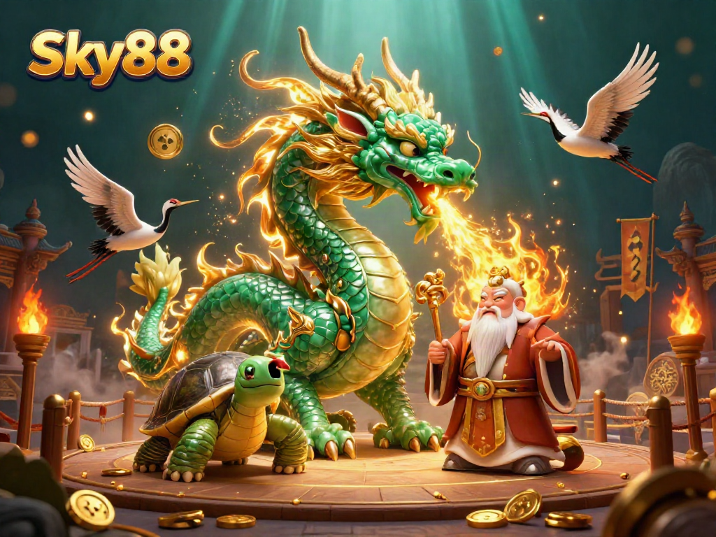 Experience excitement with Sky88 as you engage in thrilling casino adventures with jade dragon and lucky symbols.