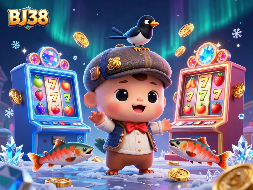 Engage with BJ38 slot machines and characters in a vibrant, gold-filled casino illustration.
