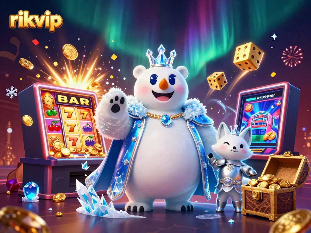 Experience thrilling jackpots at rikvip with a magical 3D illustration of a polar bear king.