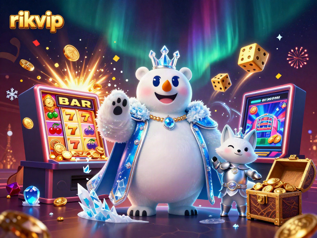 Experience thrilling jackpots at rikvip with a magical 3D illustration of a polar bear king.