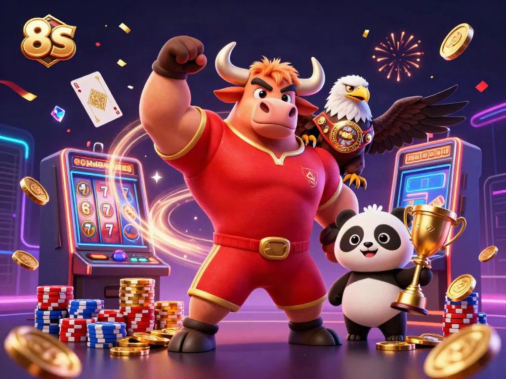 Celebrate wins at 8S with a vibrant casino scene featuring iconic characters and dazzling slot game elements.