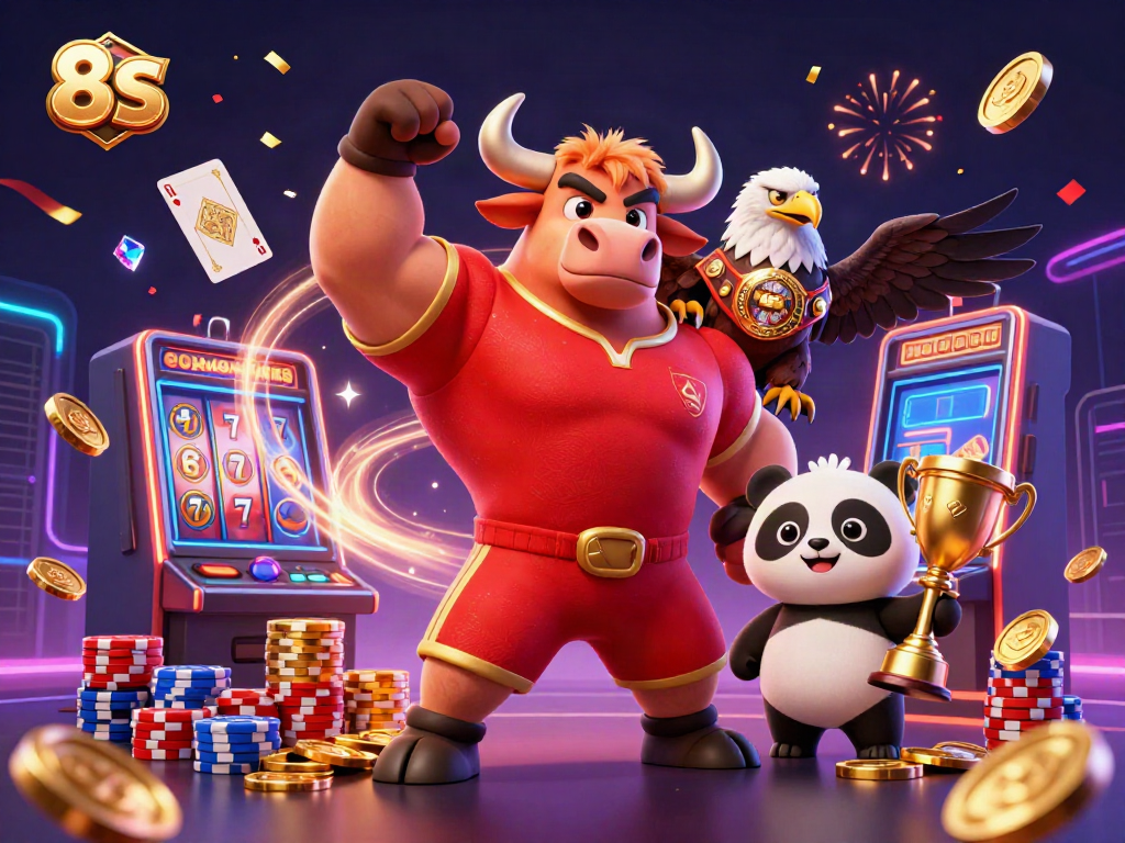 Celebrate wins at 8S with a vibrant casino scene featuring iconic characters and dazzling slot game elements.