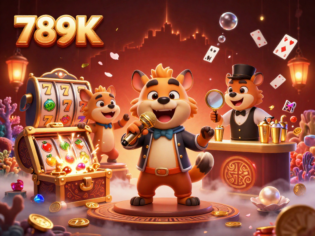 Engaging 789K animated casino scene with hyena characters enjoying slot games and comedy.
