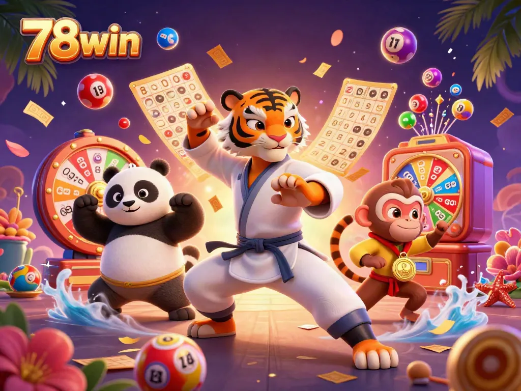 Engaging scene of 78win characters with colorful lottery elements creating excitement in a vibrant casino environment.